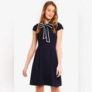 J. Crew Contrast Tie Neck Dress Navy Modest Crepe Cap Sleeves Petite Women 8P